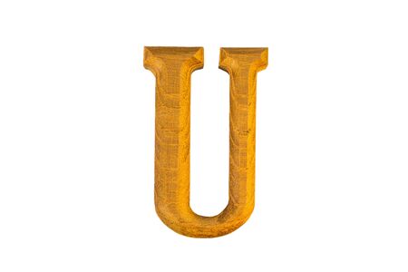 U Alphabet made from golden teak on white backgroundの写真素材