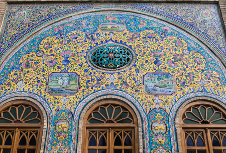 Tehran,Iran-Feb 11,2017;Exterior colorful decoration painting mosaic on the wall at Golestan...