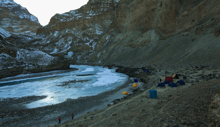 Camp site on the way of Chadar trek(The frozen Zanskar river trekking) in Leh,Ladakh,Kashmir,Indiaの写真素材