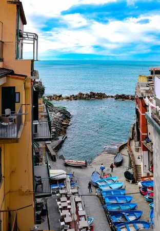 In Cinque Terre, the Riomaggiore village is a small village in the Liguria region of Italy.の写真素材