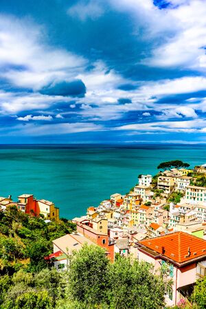 coastal view of Cinque Terre, the Riomaggiore village which is a small village in the Liguria region of Italy.の写真素材