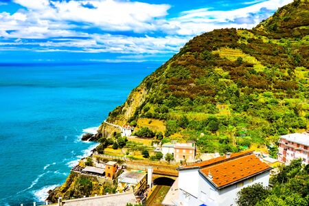 coastal view  from the  Riomaggiore village which is a small village in the Liguria region of Italy.の写真素材