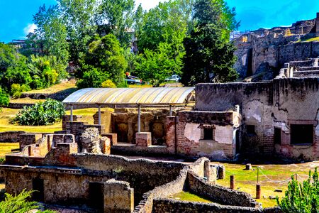 Exploring the houses and streets of the ancient city of Pompeii which is an ancient Roman city near Naples Italy that was  destroyed by  the eruption of Mount Vesuviusの写真素材