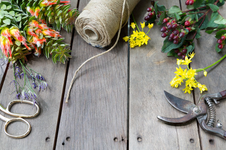Still life of flowers and space concept on wooden tableの写真素材