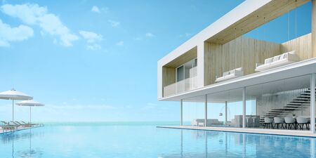 Modern beach house with sea view swimming pool and terrace at vacation.3d rendering
