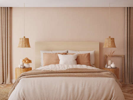 Bedroom interior.Beige tones design.3d renderingの写真素材