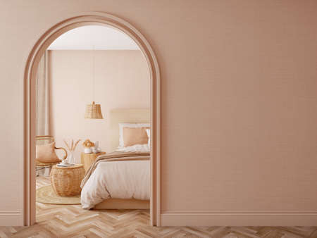 Bedroom interior.Beige tones design with arch wall.3d renderingの写真素材