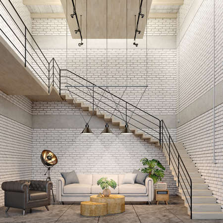 Loft style interior.Black and white armchair,sofa with hanging lamp.White brick wall background.3d...