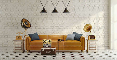 Vintage style interior.Beige leather sofa with pillows and headphone,Old tape recorder with...