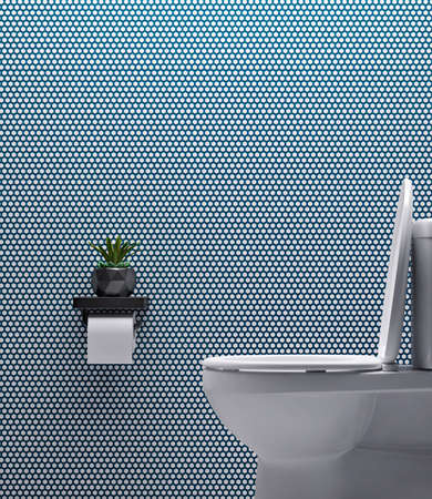 Toilet side.Modern toilets design with blue hexagon tile wall.3d rendering