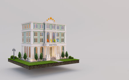 Hotel on earth and lawn grass in real estate sale or property investment concept.3d rendering
