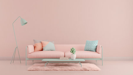 Living room.Design with pastel color.Sofa,table,carpet and pink wall.3d renderingの写真素材