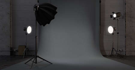 Empty studio with lighting equipment and background for mock up3d renderingの写真素材
