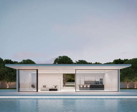 Modern house with swimming pool in modern design and night light.3d rendering