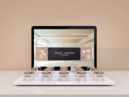 Classroom model with laptop.Concept for online courses,E-learning,Online education.3d renderingの写真素材