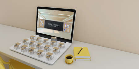Classroom model with laptop and copy space.Concept for online courses,E-learning,Online education.3d renderingの写真素材