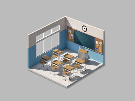Isometric classroom with chairs,desks and chalkboard without student.3d renderingの写真素材