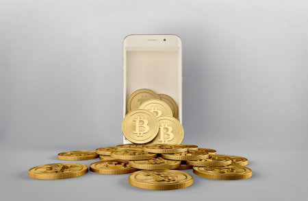 Bitcoin come out from smartphone.Concept for online trading.3d rendering