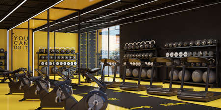 Gym fitness club with yellow wall.3d rendering