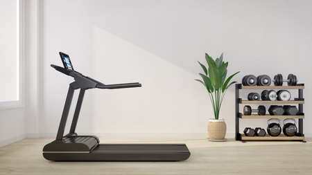Treadmill in white room with dumbbell rack.3d renderingの写真素材