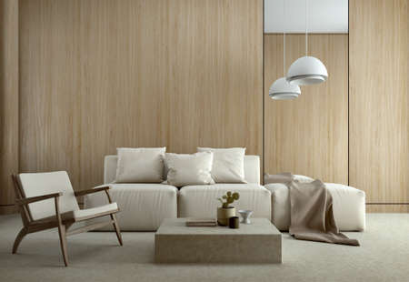 Wood tones living room in modern style with sofa,chair,lamp and wooden wall background.3d renderingの写真素材