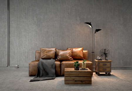 Industrial loft living room interior with leather sofa,wood tables and concrete wall.3d renderingの写真素材