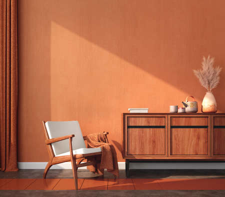 Orange room with chair,table,pampas and orange wall background.3d renderingの写真素材