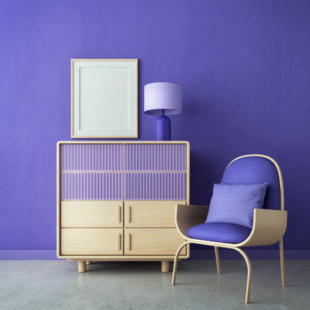 Violet room Very Peri.Chair,cabinet lamp and blank canvas.Modern design interior.3d renderingの写真素材