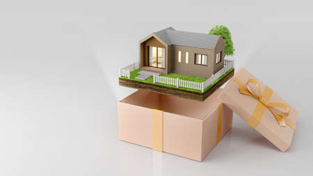House and land in a gift box with gold ribbon.3d renderingの写真素材