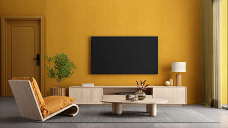 Yellow living room interior with armchair,TV stand and plant.3d renderingの写真素材