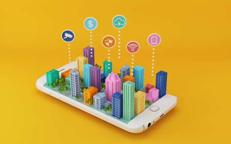 Smart city.City model on mobile phone with icon.3d renderingの写真素材