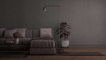 Dark living room in modern style with sofa lamp and plant.3d renderingの写真素材