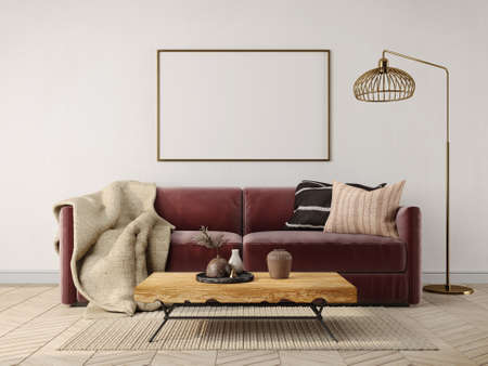 Mockup living room interior with wine red sofa ,table lamp and blank canvas.3d rendering