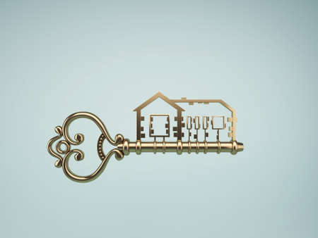 Gold house key with blue background.3d renderingの写真素材