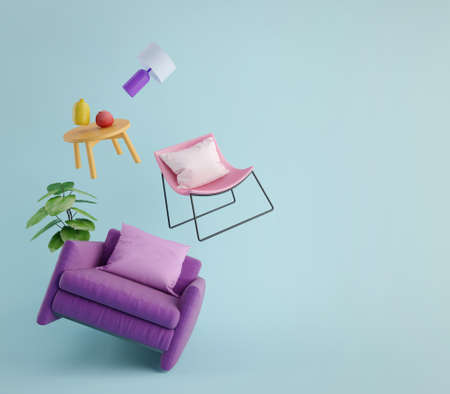 Furniture flying in blue background.Living room furniture.Concept for home decor advertising.3d renderingの写真素材