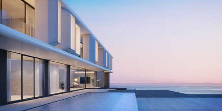 Modern architecture with swimming pool and sea view in sunset.3d rendering