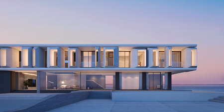 Front view of modern architecture with sea view background.3d rendering