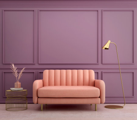 Modern classic style with pink sofa and gold table on purple wall  background.3d renderingの写真素材