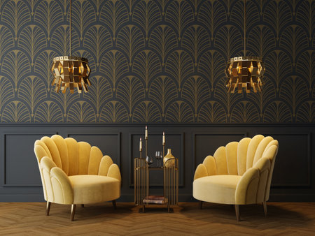 Art Deco interior in classic style with yellow armchairs and lamp.3d rendering.の写真素材