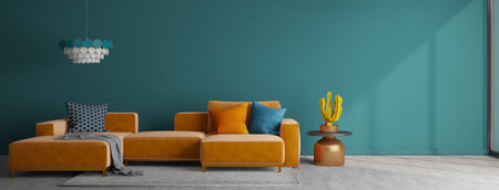 Orange sofa and blue wall in modern living room.3d rendering
