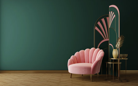 Art Deco interior in classic style with pink sofa and screen.3d renderingの写真素材