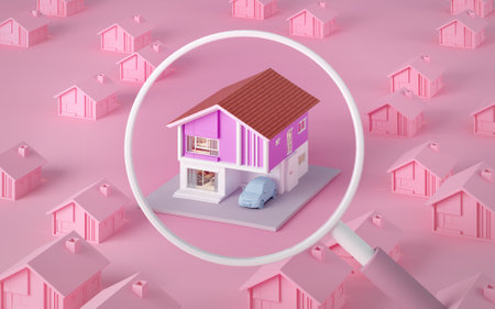 House isometric pastel color with magnifying glass concept for house advertisement or looking to buy house.3d renderingの写真素材