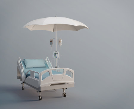 Hospital bed with umbrella.Concept for health insurance.3d renderingの写真素材