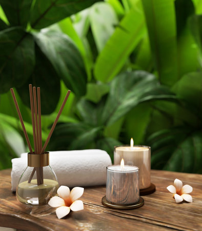 Spa object close up with leaves background.Concept for spa advertising.3d renderingの写真素材