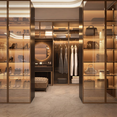 Luxury walk in closet interior with wood and gold elements.3d renderingの写真素材