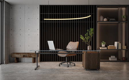 Working room modern loftl style with concrete floor and wood.3d renderingの写真素材