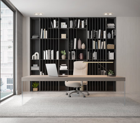 Working room modern luxury style with wooden desk.3d renderingの写真素材