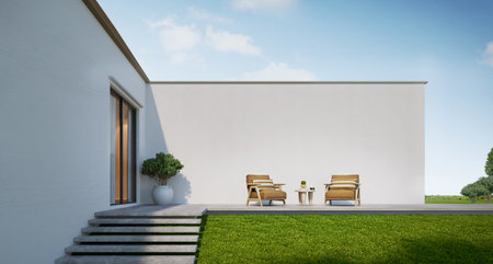 House living terrace with concrete wall background and armchairs.3d renderingの写真素材