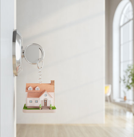 House key in house door with white wall room background.Concept for real estate,property,agent.3d renderingの写真素材