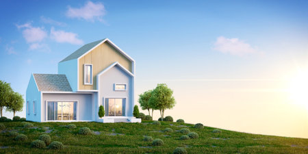 Nordic house exterior on the grassy knoll with copy space and blue sky.3d renderingの写真素材